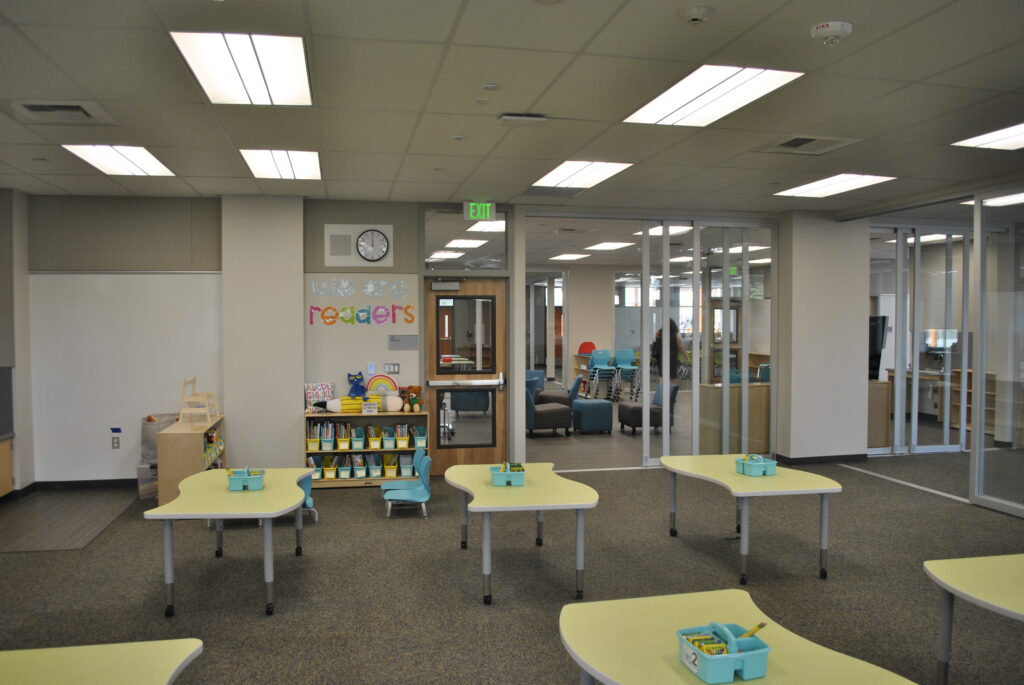 Open learning environment at Mabel Mattos Elementary School with versatile seating arrangements and bright, spacious design.