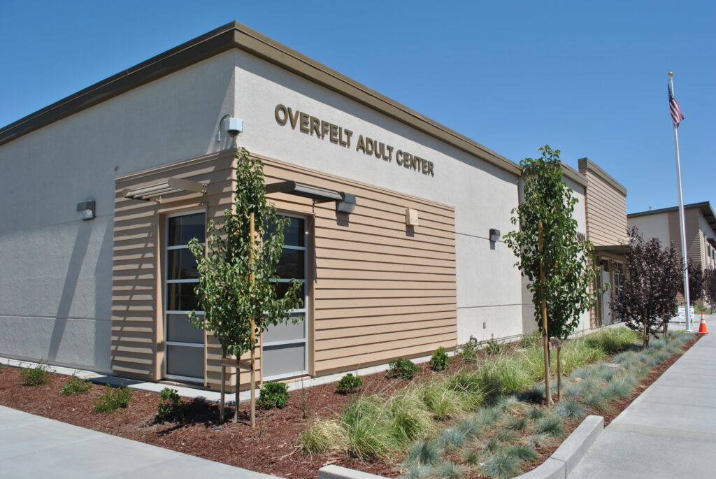 Side view of the two-story modular building at WC Overfelt Adult Education Center, designed for enhanced learning and administrative spaces.