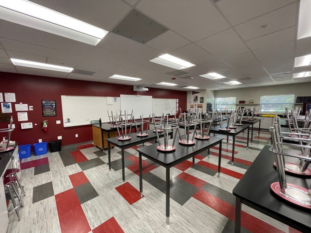 Science lab setup in Buckingham Collegiate Charter Academy’s modular science building with lab tables and stools.